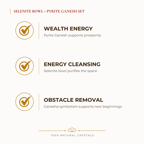 Selenite Bowl + Pyrite Ganesh Bowl benefits for wealth attraction and prosperity intention, explained in an Evashu natural-crystal guide
