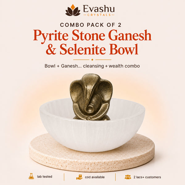 Authentic natural Selenite Bowl + Pyrite Ganesh Bowl for Wealth Energy and Energy Cleansing, shown as the main Evashu product view