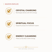 Load image into Gallery viewer, Selenite OM Charging Plate benefits for focus and mental clarity, explained in an Evashu natural-crystal guide
