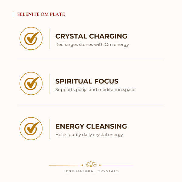 Selenite OM Charging Plate benefits for focus and mental clarity, explained in an Evashu natural-crystal guide