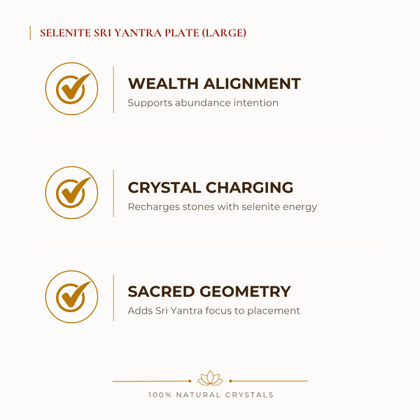 Selenite Sri Yantra Charging Plate benefits for wealth attraction and prosperity intention, explained in an Evashu natural-crystal guide – selenite charging