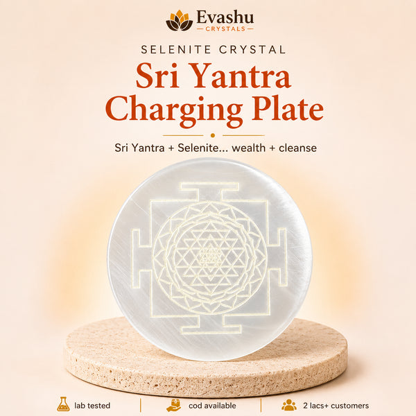 Authentic natural Selenite Sri Yantra Charging Plate for Wealth Alignment and Crystal Charging, shown as the main Evashu product view