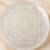Close-up of authentic natural Selenite showing crystal texture, colour and craftsmanship – selenite charging plate sri yantra engraved energy cleansing healing