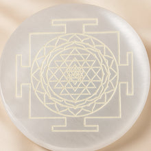 Load image into Gallery viewer, Close-up of authentic natural Selenite showing crystal texture, colour and craftsmanship – selenite charging plate sri yantra engraved energy cleansing healing
