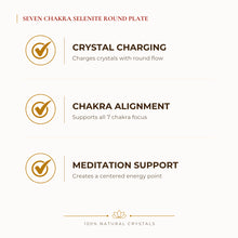 Load image into Gallery viewer, Seven Chakra Selenite Round Charging Plate benefits for focus and mental clarity, explained in an Evashu natural-crystal guide
