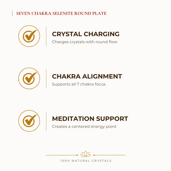 Seven Chakra Selenite Round Charging Plate benefits for focus and mental clarity, explained in an Evashu natural-crystal guide
