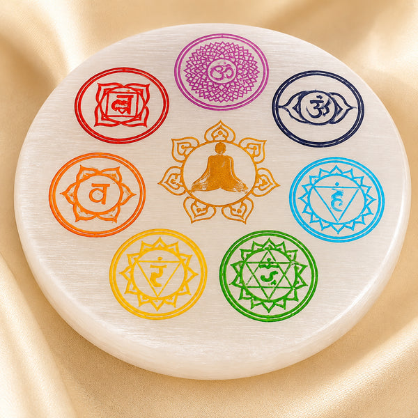 Close-up of authentic natural Seven Chakra, 7 Chakra and Selenite showing crystal texture, colour and craftsmanship