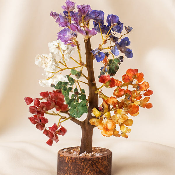 Close-up of authentic natural 7 Chakra showing crystal texture, colour and craftsmanship – seven chakra gemstone tree natural crystal home decor