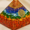Close-up of authentic natural 7 Chakra showing crystal texture, colour and craftsmanship – seven chakra orgone pyramid crystal energy healing balance evashu