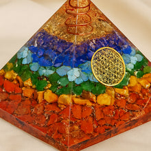 Load image into Gallery viewer, Close-up of authentic natural 7 Chakra showing crystal texture, colour and craftsmanship – seven chakra orgone pyramid crystal energy healing balance evashu
