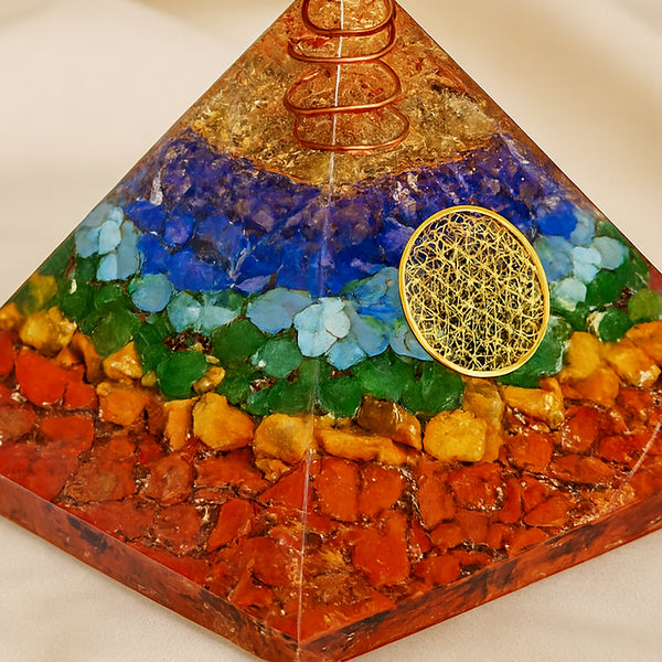 Close-up of authentic natural 7 Chakra showing crystal texture, colour and craftsmanship – seven chakra orgone pyramid crystal energy healing balance evashu