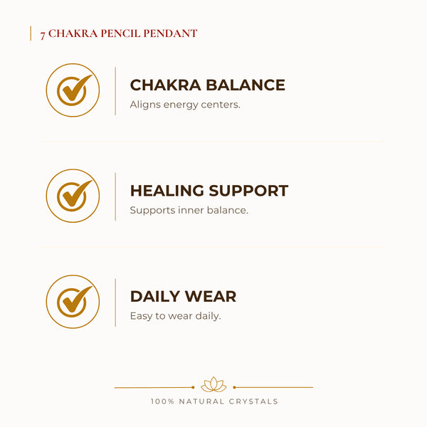 7 Chakra Pencil Pendant benefits for focus and mental clarity, explained in an Evashu natural-crystal guide