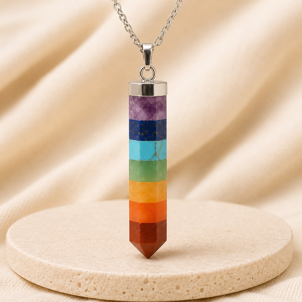 7 Chakra Pencil Pendant displayed fully on white silk cloth to show its natural colour, shape and finish