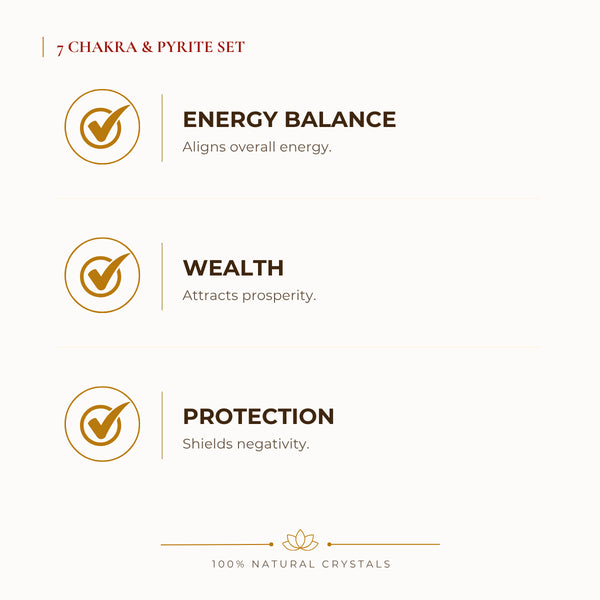 7 Chakra & Pyrite Bracelet Set benefits for wealth attraction and prosperity intention, explained in an Evashu natural-crystal guide