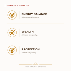 7 Chakra & Pyrite Bracelet Set benefits for wealth attraction and prosperity intention, explained in an Evashu natural-crystal guide