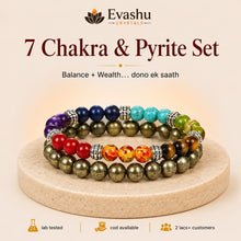 Load image into Gallery viewer, Authentic natural 7 Chakra &amp; Pyrite Bracelet Set for Energy Balance and Wealth, shown as the main Evashu product view
