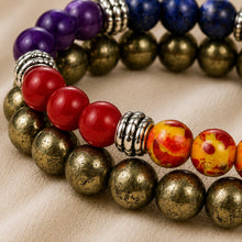 Load image into Gallery viewer, Close-up of authentic natural 7 Chakra and Pyrite showing crystal texture, colour and craftsmanship
