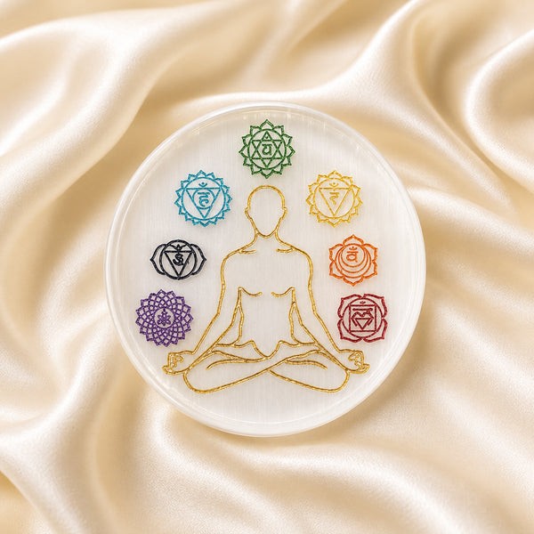 Selenite Charging Plate displayed fully on white silk cloth to show its natural colour, shape and finish