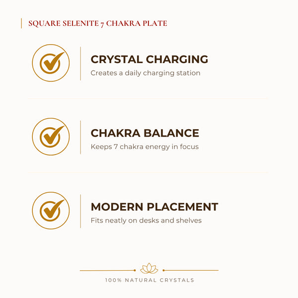 Square Selenite 7 Chakra Charging Plate benefits for grounding and balanced energy, explained in an Evashu natural-crystal guide