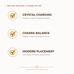 Square Selenite 7 Chakra Charging Plate benefits for grounding and balanced energy, explained in an Evashu natural-crystal guide