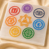 Close-up of authentic natural 7 Chakra and Selenite showing crystal texture, colour and craftsmanship – seven chakra selenite square charging plate energy