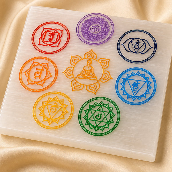 Close-up of authentic natural 7 Chakra and Selenite showing crystal texture, colour and craftsmanship – seven chakra selenite square charging plate energy