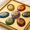 Close-up of authentic natural 7 Chakra showing crystal texture, colour and craftsmanship – seven chakra zibu coins set healing crystals for spiritual energy