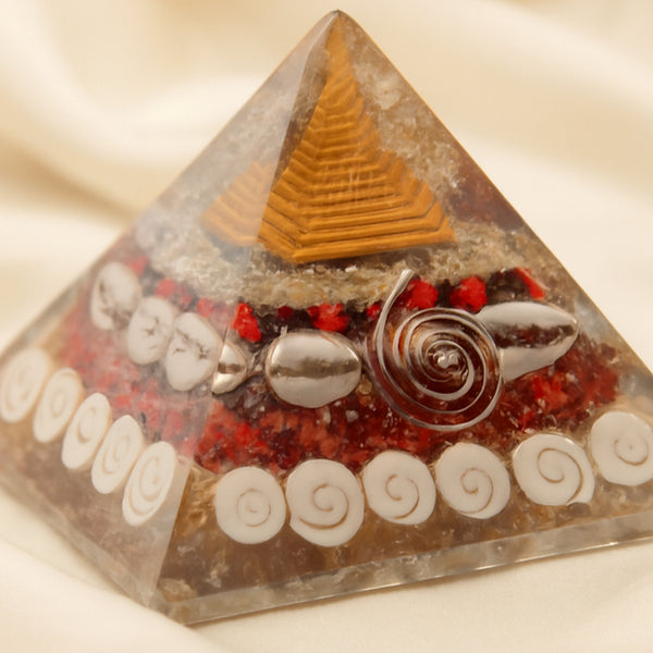 Close-up of authentic natural Shree Yantra Pyramid showing crystal texture, colour and craftsmanship