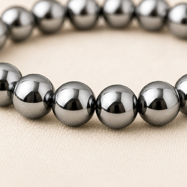 Close-up of authentic natural Hematite showing crystal texture, colour and craftsmanship