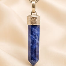 Load image into Gallery viewer, Close-up of authentic natural Sodalite showing crystal texture, colour and craftsmanship – sodalite pencil pendant chain healing crystal for clarity confidence
