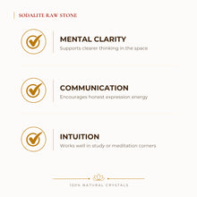 Load image into Gallery viewer, Sodalite Raw Stone benefits for focus and mental clarity, explained in an Evashu natural-crystal guide
