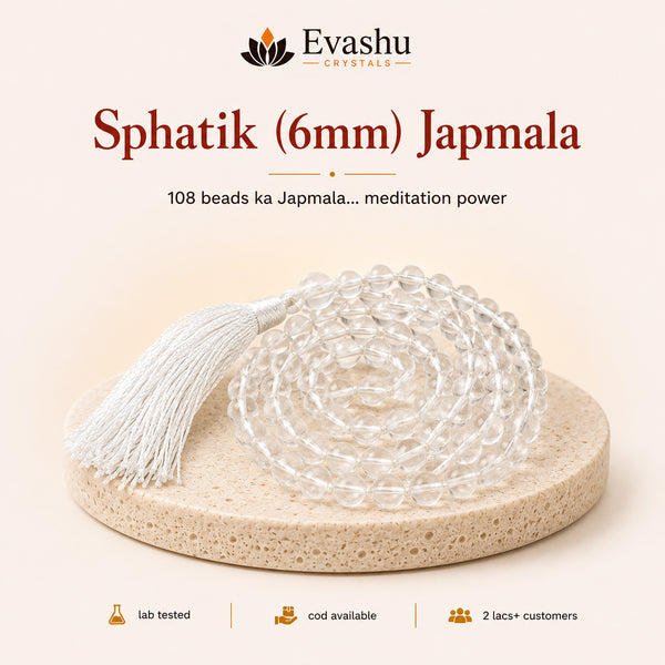 Authentic natural Sphatik Japmala 6mm Japmala for Mind Clarity and Mantra Focus, shown as the main Evashu product view