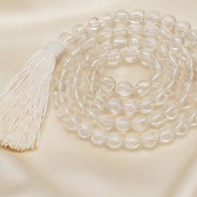 Load image into Gallery viewer, Close-up of authentic natural Clear Quartz and Sphatik showing crystal texture, colour and craftsmanship – sphatik clear quartz 6mm japmala 108 beads symbol of
