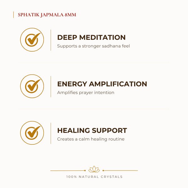 Sphatik Japmala 8mm Japmala benefits for focus and mental clarity, explained in an Evashu natural-crystal guide