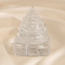 Load image into Gallery viewer, Sphatik Shree Yantra displayed fully on white silk cloth to show its natural colour, shape and finish

