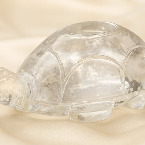 Close-up of authentic natural Clear Quartz and Sphatik showing crystal texture, colour and craftsmanship – sphatik tortoise idol for wealth longevity success