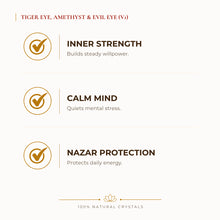 Load image into Gallery viewer, Tiger Eye, Amethyst &amp; Evil Eye Bracelet benefits for nazar protection and negative-energy shielding, explained in an Evashu natural-crystal guide
