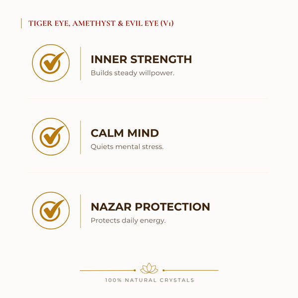 Tiger Eye, Amethyst & Evil Eye Bracelet benefits for nazar protection and negative-energy shielding, explained in an Evashu natural-crystal guide