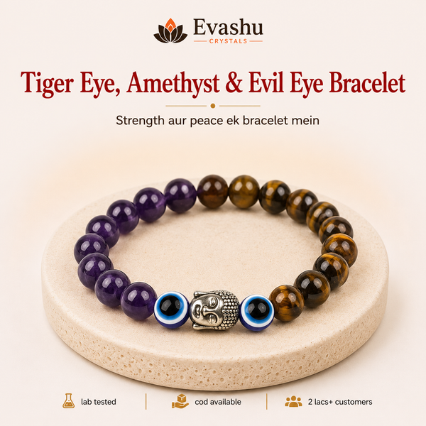 Authentic natural Tiger Eye, Amethyst & Evil Eye Bracelet for Inner Strength and Calm Mind, shown as the main Evashu product view