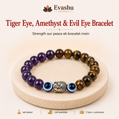 Authentic natural Tiger Eye, Amethyst & Evil Eye Bracelet for Inner Strength and Calm Mind, shown as the main Evashu product view