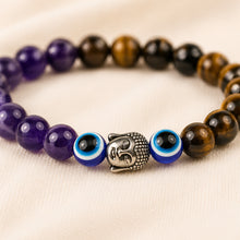 Load image into Gallery viewer, Close-up of authentic natural Tiger Eye, Amethyst and Evil Eye showing crystal texture, colour and craftsmanship
