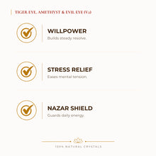 Load image into Gallery viewer, Tiger Eye, Amethyst &amp; Evil Eye Bracelet benefits for nazar protection and negative-energy shielding, explained in an Evashu natural-crystal guide – tiger eye

