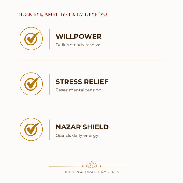 Tiger Eye, Amethyst & Evil Eye Bracelet benefits for nazar protection and negative-energy shielding, explained in an Evashu natural-crystal guide – tiger eye