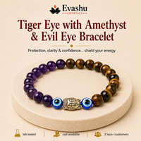 Certified Natural Tiger Eye, Amethyst & Evil Eye Bracelet - Willpower & Calming Energy