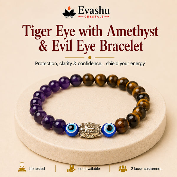 Authentic natural Tiger Eye, Amethyst & Evil Eye Bracelet for Willpower and Calming Energy, shown as the main Evashu product view