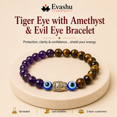 Authentic natural Tiger Eye, Amethyst & Evil Eye Bracelet for Willpower and Calming Energy, shown as the main Evashu product view