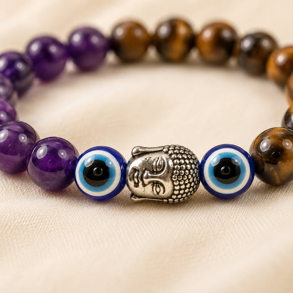 Close-up of authentic natural Tiger Eye, Amethyst and Evil Eye showing crystal texture, colour and craftsmanship – tiger eye amethyst evil eye bracelet