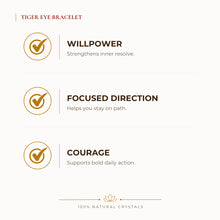 Load image into Gallery viewer, Tiger Eye Bracelet benefits for focus and mental clarity, explained in an Evashu natural-crystal guide

