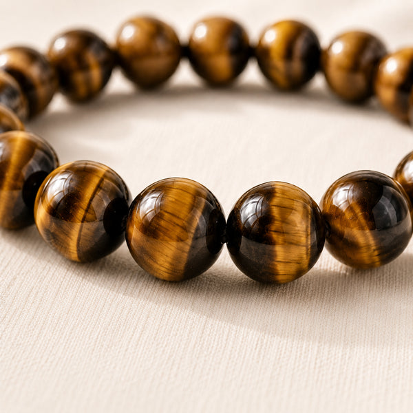 Close-up of authentic natural Tiger Eye showing crystal texture, colour and craftsmanship