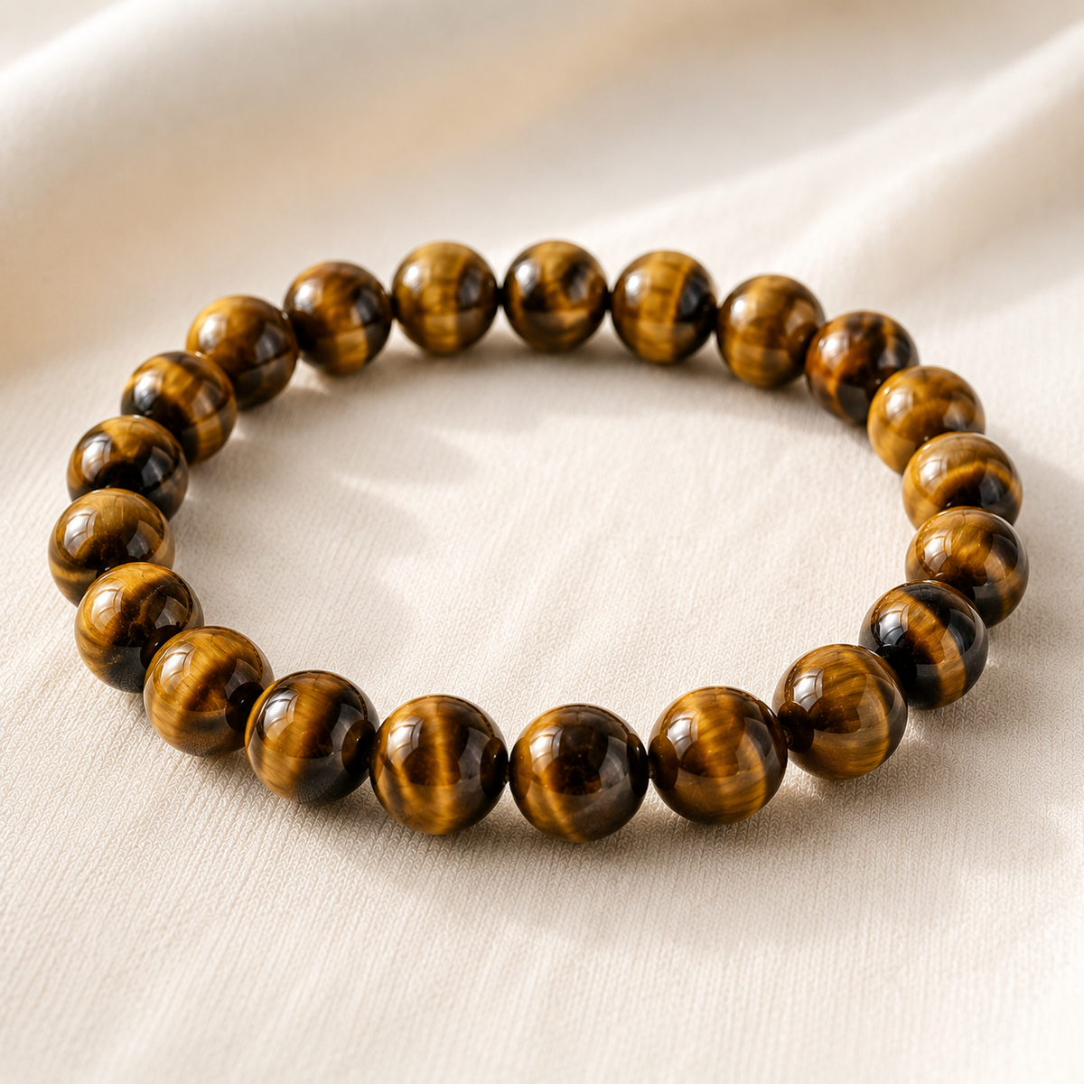 Tiger Eye Bracelet displayed fully on white silk cloth to show its natural colour, shape and finish